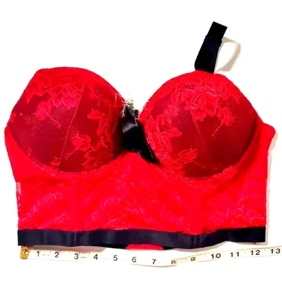 Lasenza Corset Bustier Red Fur Pom pom Sz Medium Black broad adjustable … - Picture 4 of 7